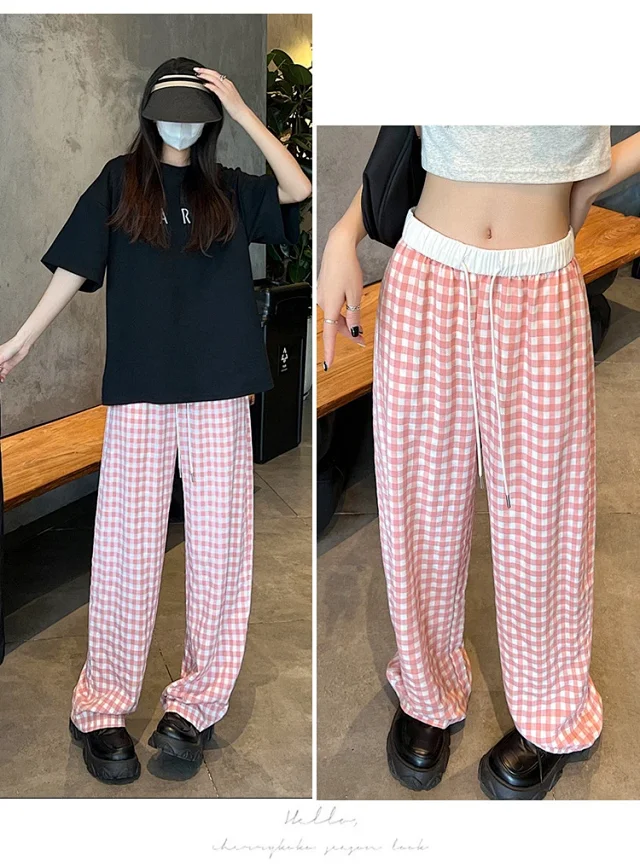 2025 Pink Plaid Wide-Leg Pants for Women Detail