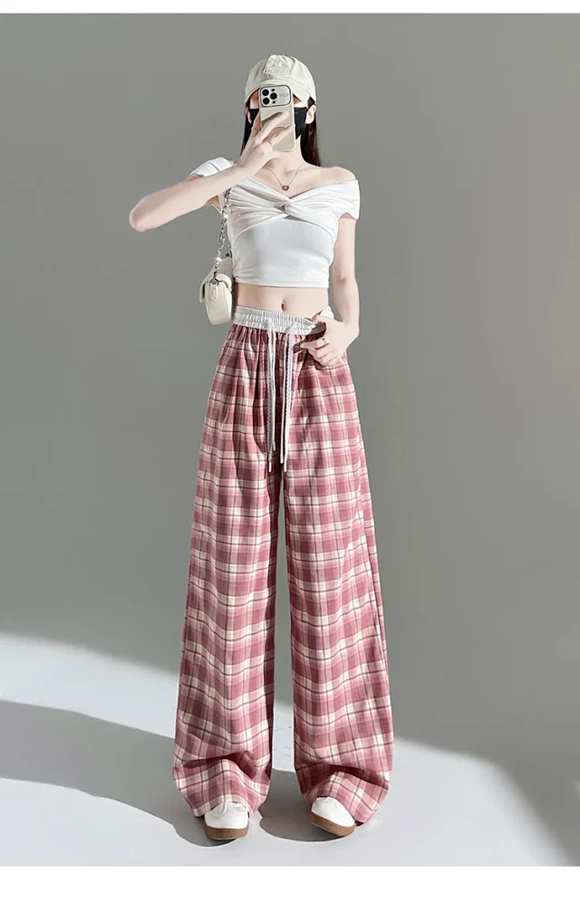 2025 Summer Ice Silk Checkered Pants for Women Detail