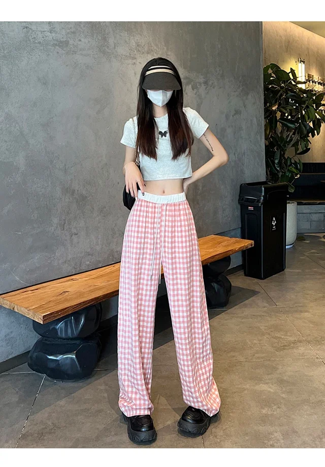 2025 Pink Plaid Wide-Leg Pants for Women Detail
