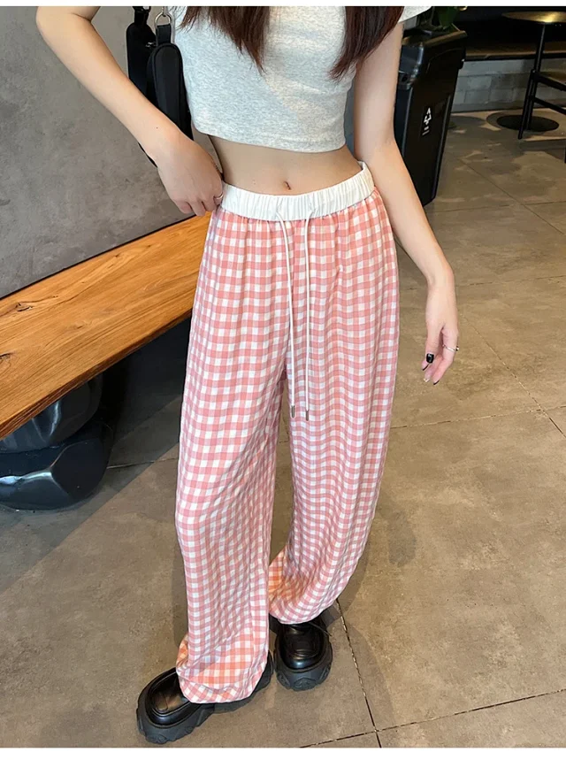 2025 Pink Plaid Wide-Leg Pants for Women Detail