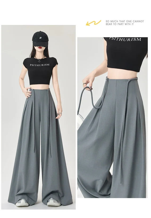 French High-Waist Drawstring Wide-Leg Pants 2025 Summer New Detail