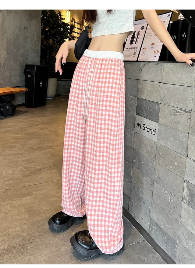 2025 Pink Plaid Wide-Leg Pants for Women Detail