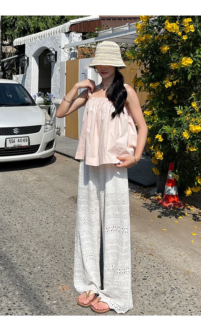 White Lace Hollow-out Women's Wide-leg Pants Detail