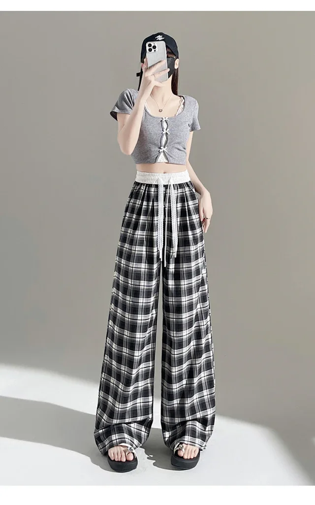 2025 Summer Ice Silk Checkered Pants for Women Detail
