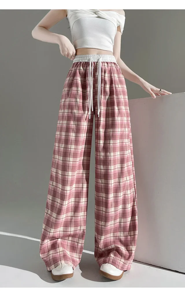 2025 Summer Ice Silk Checkered Pants for Women Detail