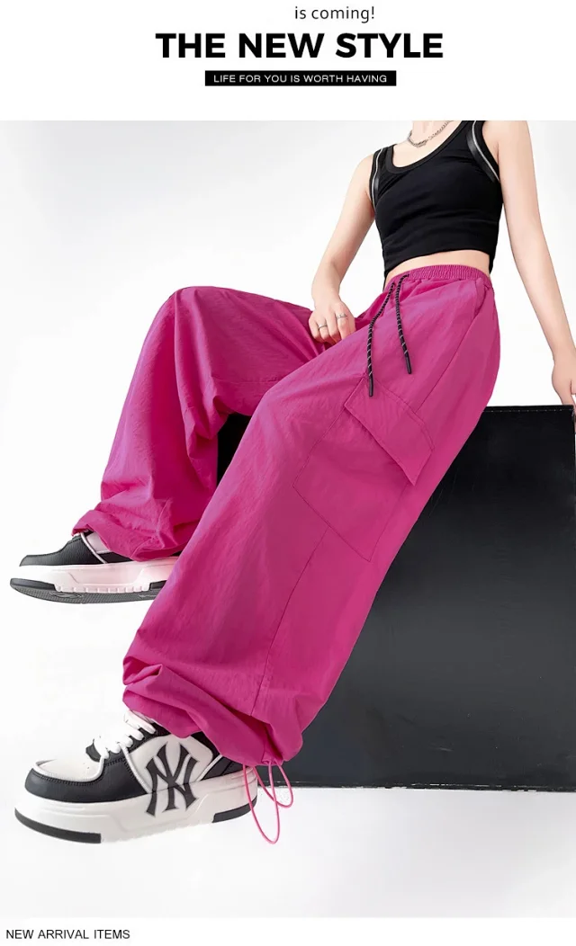 2025 Spring/Summer Women's Sporty Loose Slimming Straight Pants with Drawstring Detail