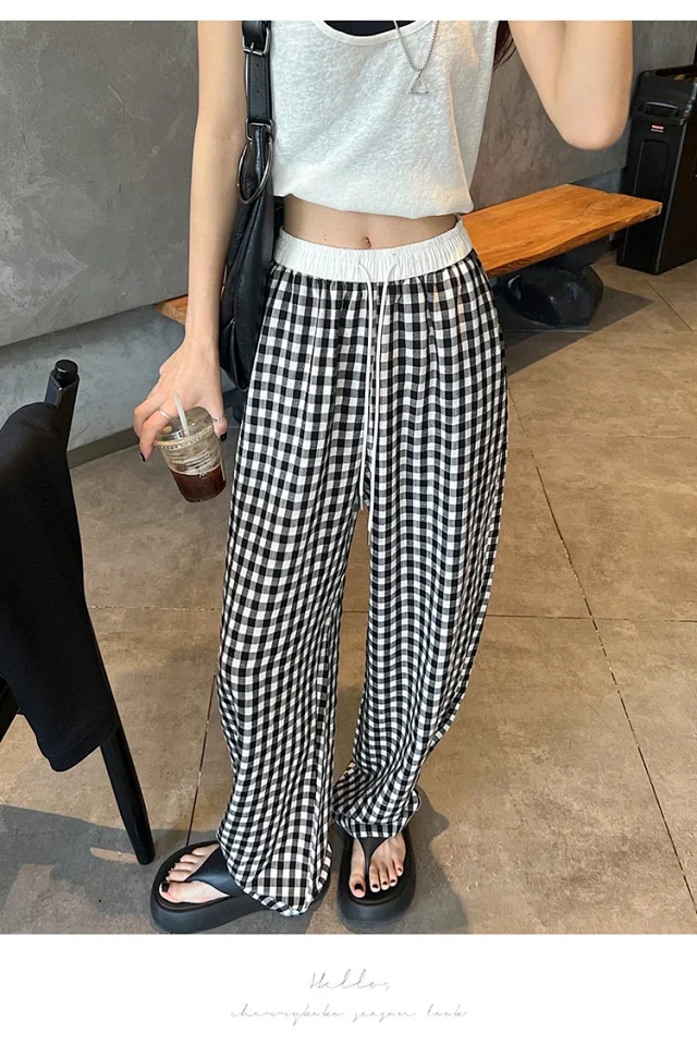 2025 Pink Plaid Wide-Leg Pants for Women Detail