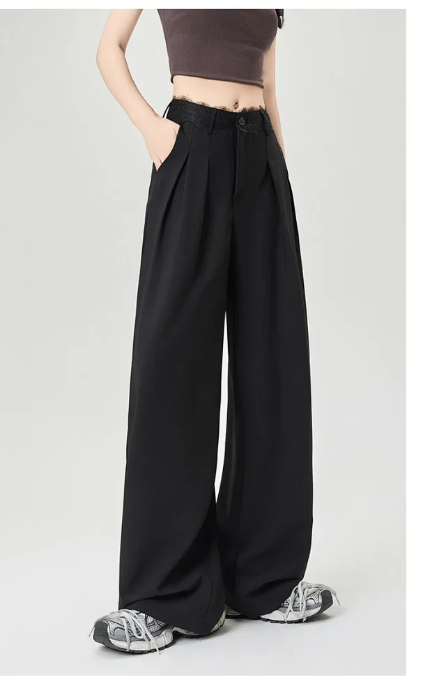 Women's Lace Trim High-Waist Wide-Leg Pants Detail