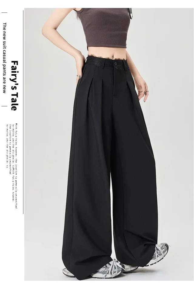 Women's Lace Trim High-Waist Wide-Leg Pants Detail