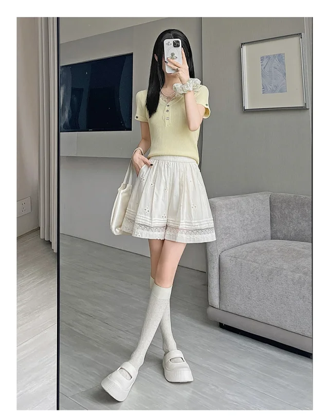 Korean Lace Patchwork Hollow Wide - leg Pants Detail