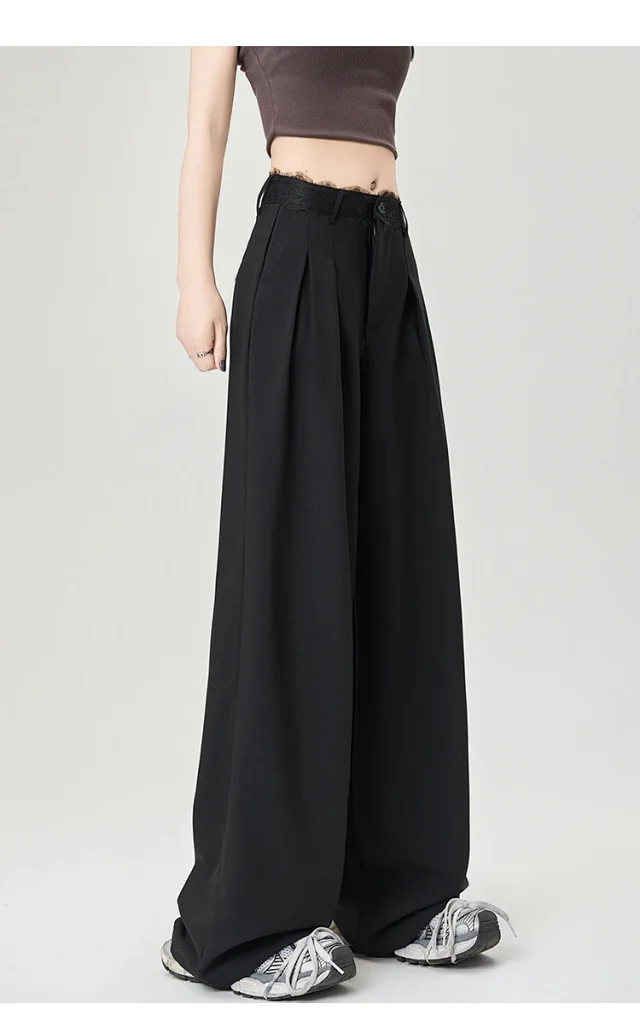 Women's Lace Trim High-Waist Wide-Leg Pants Detail