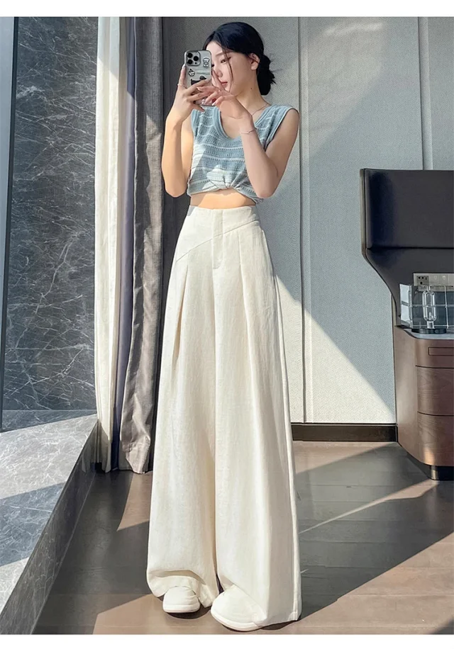 Navy Linen Wide-leg Pants Detail
