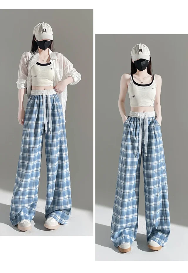 2025 Summer Ice Silk Checkered Pants for Women Detail