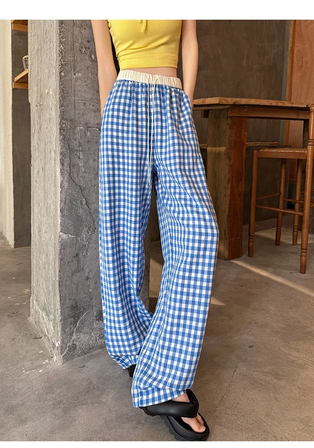 2025 Pink Plaid Wide-Leg Pants for Women Detail
