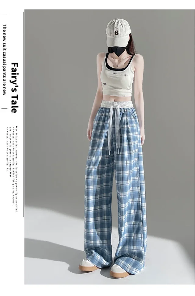 2025 Summer Ice Silk Checkered Pants for Women Detail