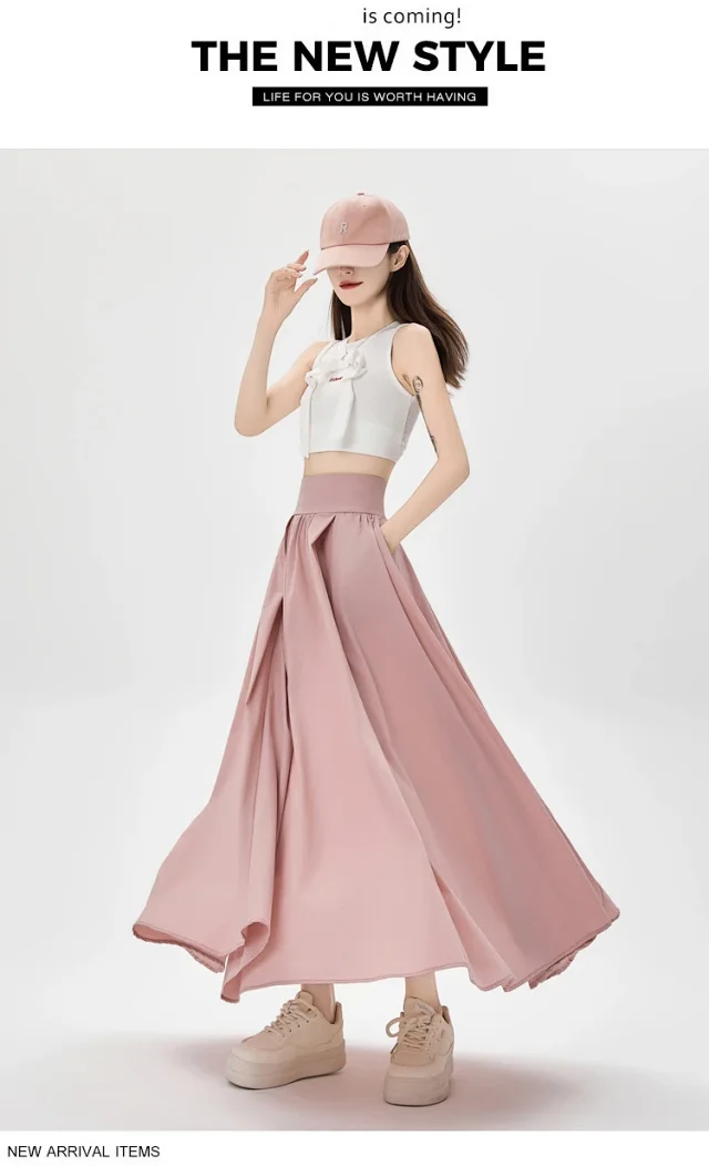 Pink Slimming High-waist A-line Skirt Detail