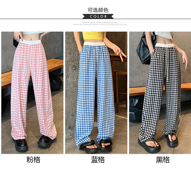 2025 Pink Plaid Wide-Leg Pants for Women Detail