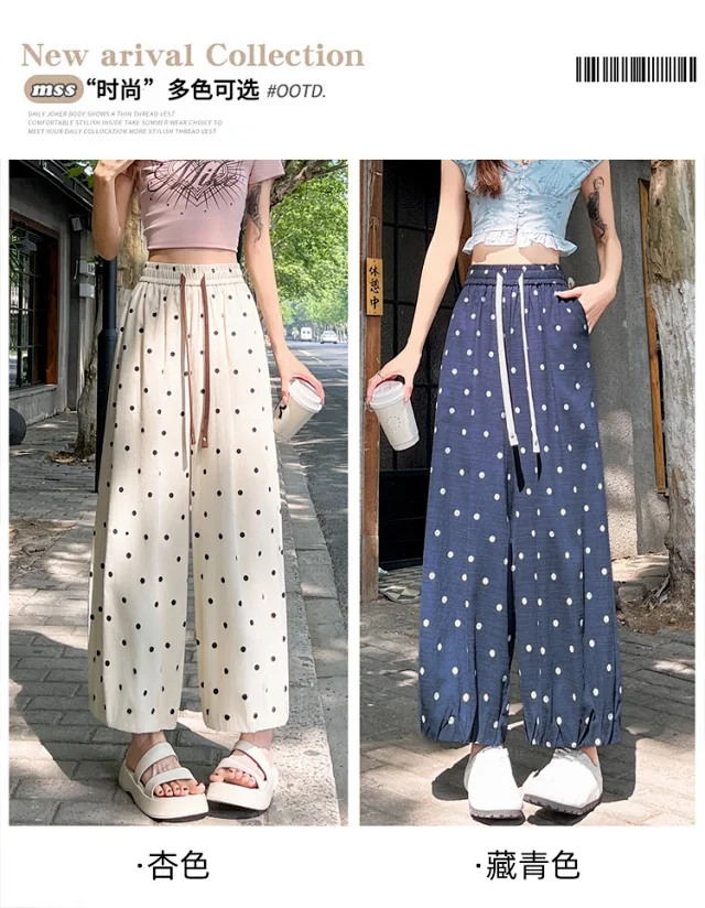 Ice Silk Polka Dot Linen Casual Pants Detail