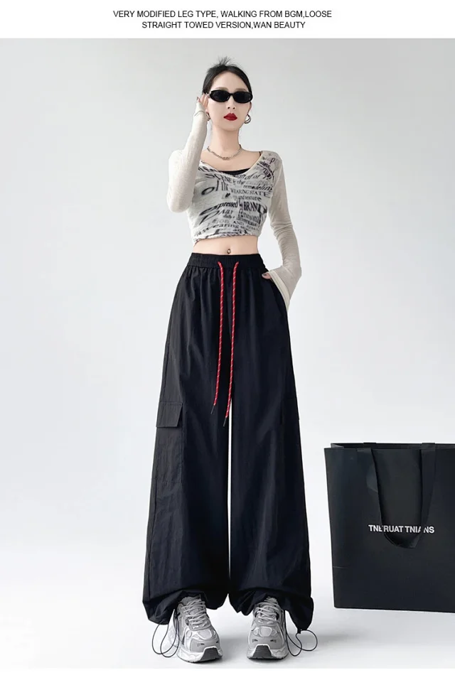 2025 Spring/Summer Women's Sporty Loose Slimming Straight Pants with Drawstring Detail