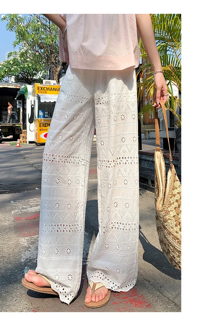 White Lace Hollow-out Women's Wide-leg Pants Detail