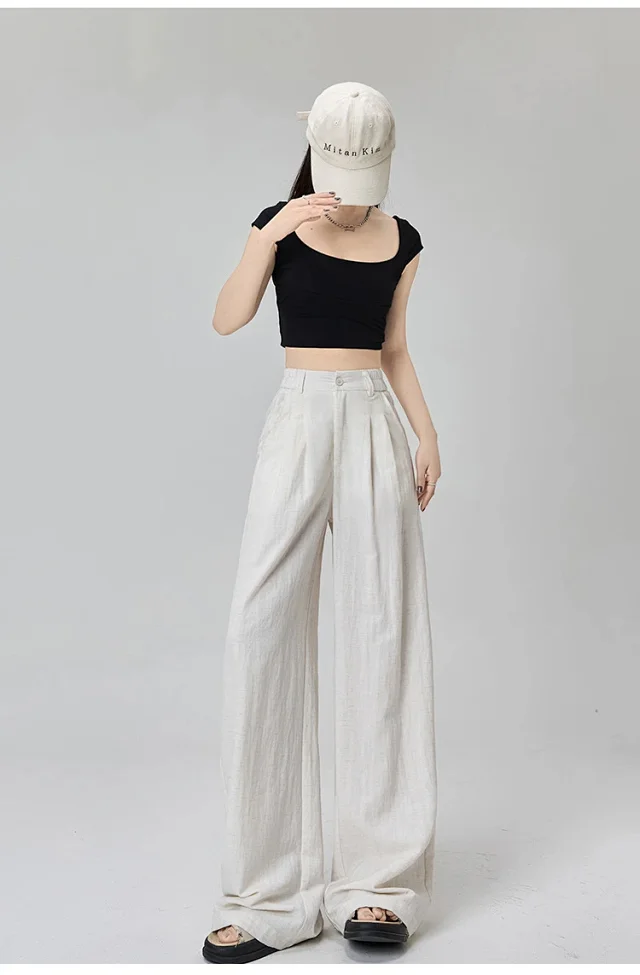 Women's White Linen Wide-Leg Pants Detail