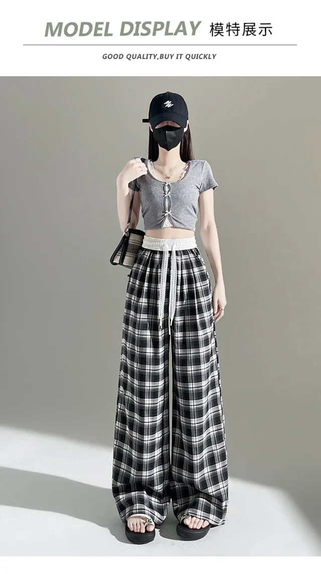 2025 Summer Ice Silk Checkered Pants for Women Detail