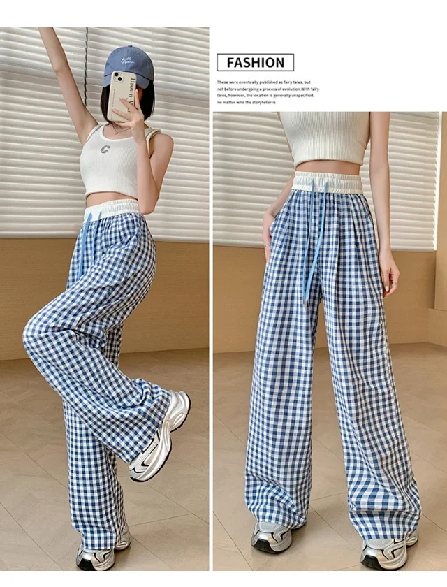 2025 Summer Thin High - waisted Retro Plaid Wide - leg Pants Detail