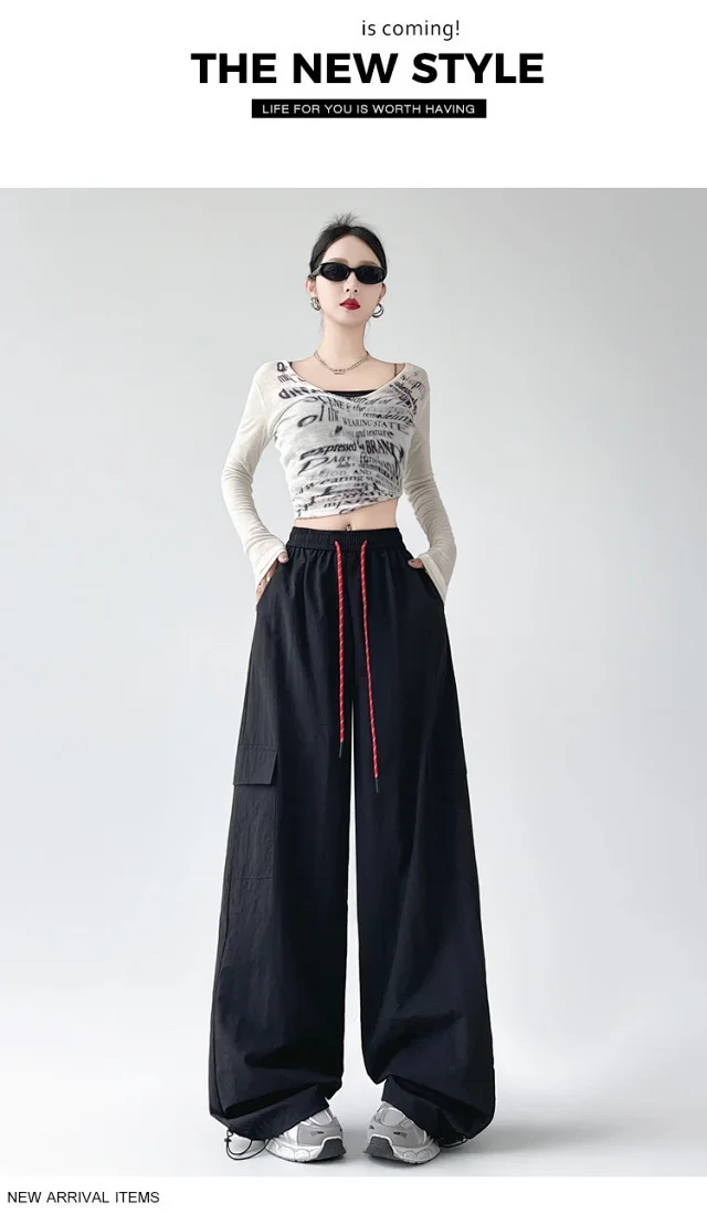 2025 Spring/Summer Women's Sporty Loose Slimming Straight Pants with Drawstring Detail