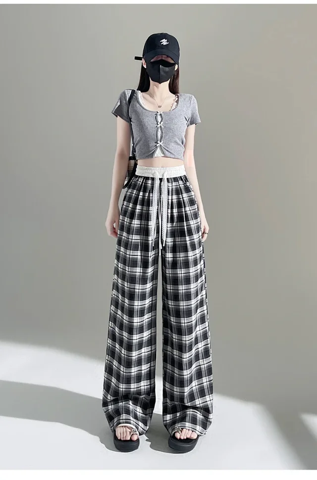 2025 Summer Ice Silk Checkered Pants for Women Detail