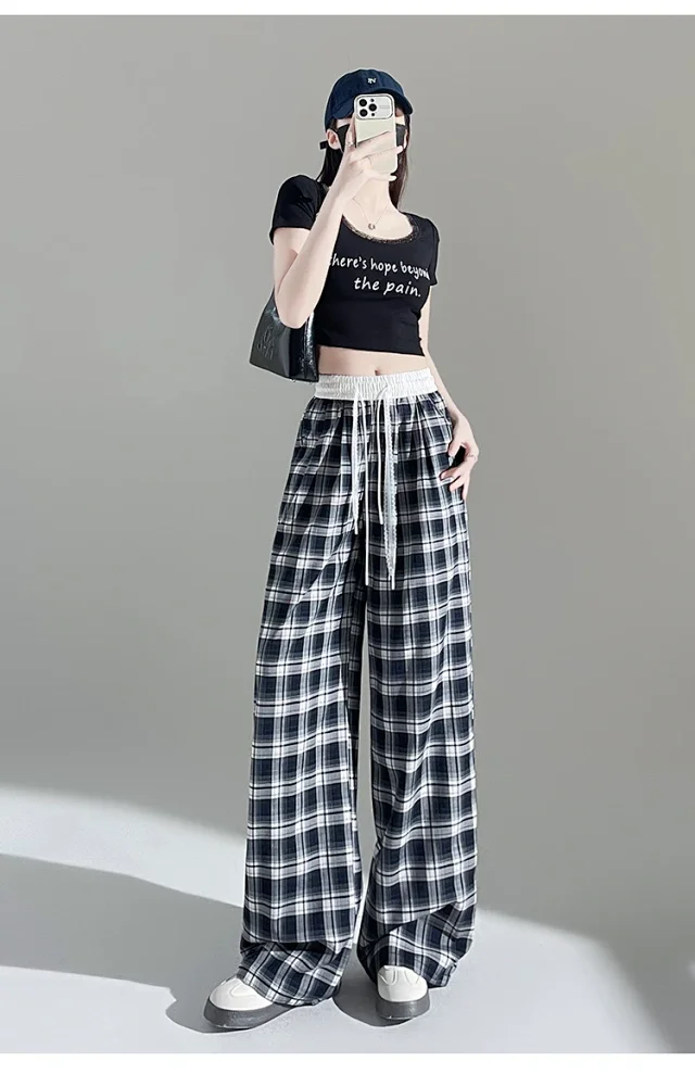 2025 Summer Ice Silk Checkered Pants for Women Detail