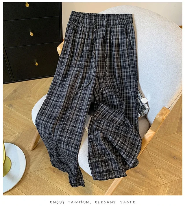 Vintage Waist Tie Plaid Wide-Leg Pants Detail