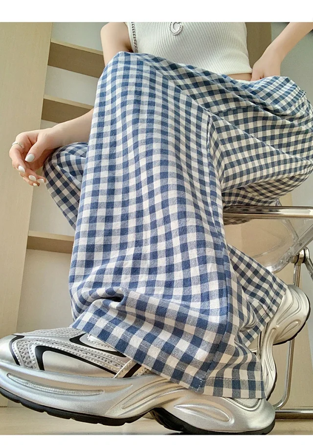 2025 Summer Thin High - waisted Retro Plaid Wide - leg Pants Detail