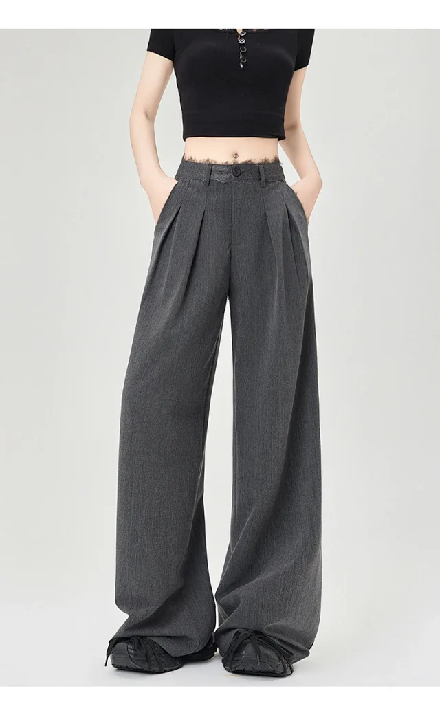 Women's Lace Trim High-Waist Wide-Leg Pants Detail