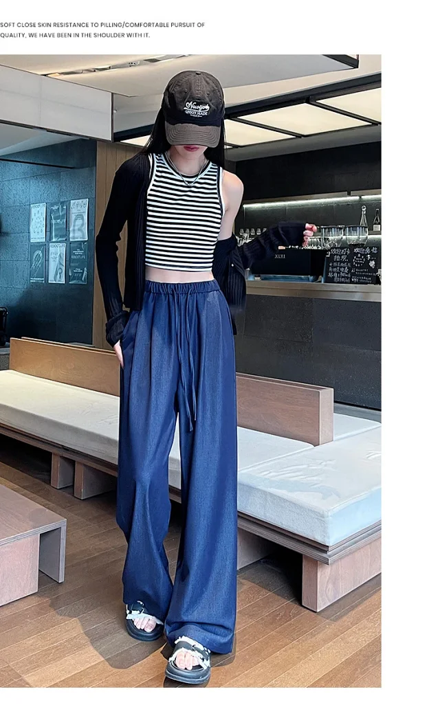 Navy Tencel Jeans - Women's Summer Wide - Leg Pants Detail