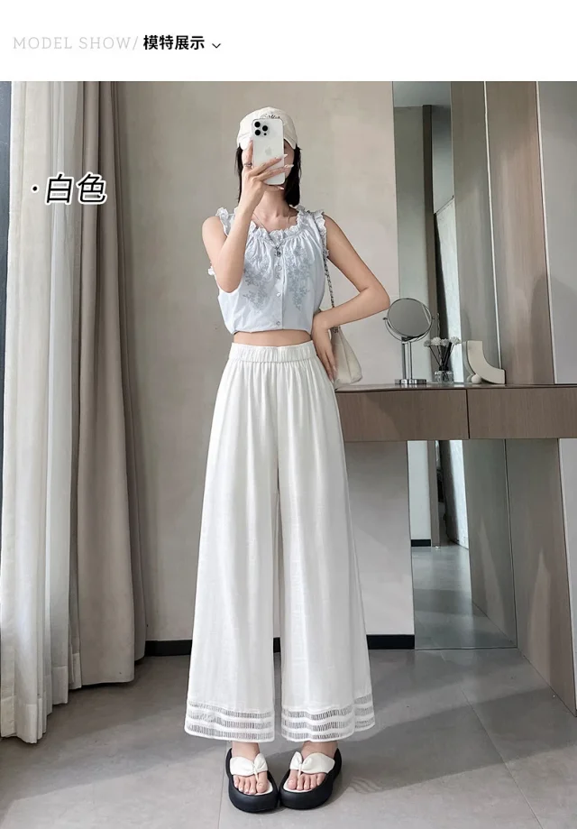2025 Summer New Wide-leg Pants with Lace Trim Detail