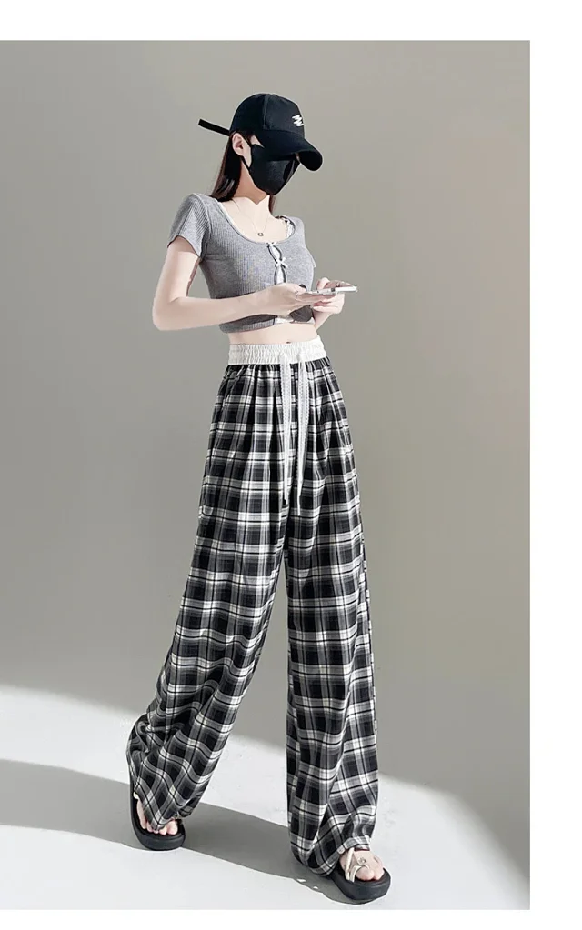 2025 Summer Ice Silk Checkered Pants for Women Detail