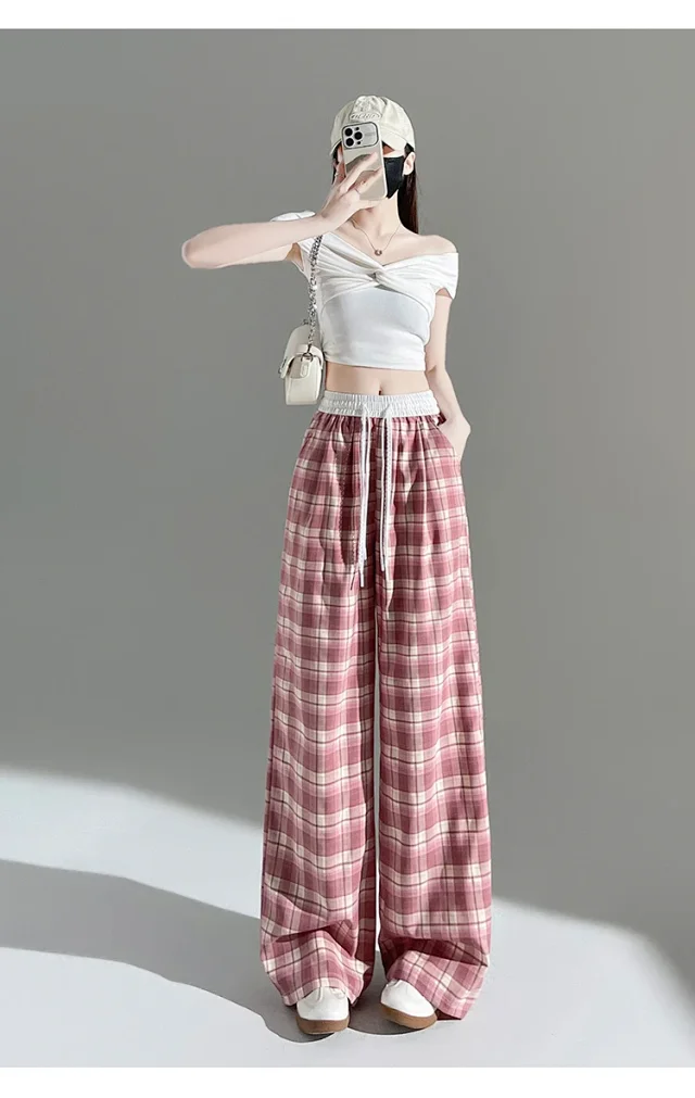 2025 Summer Ice Silk Checkered Pants for Women Detail