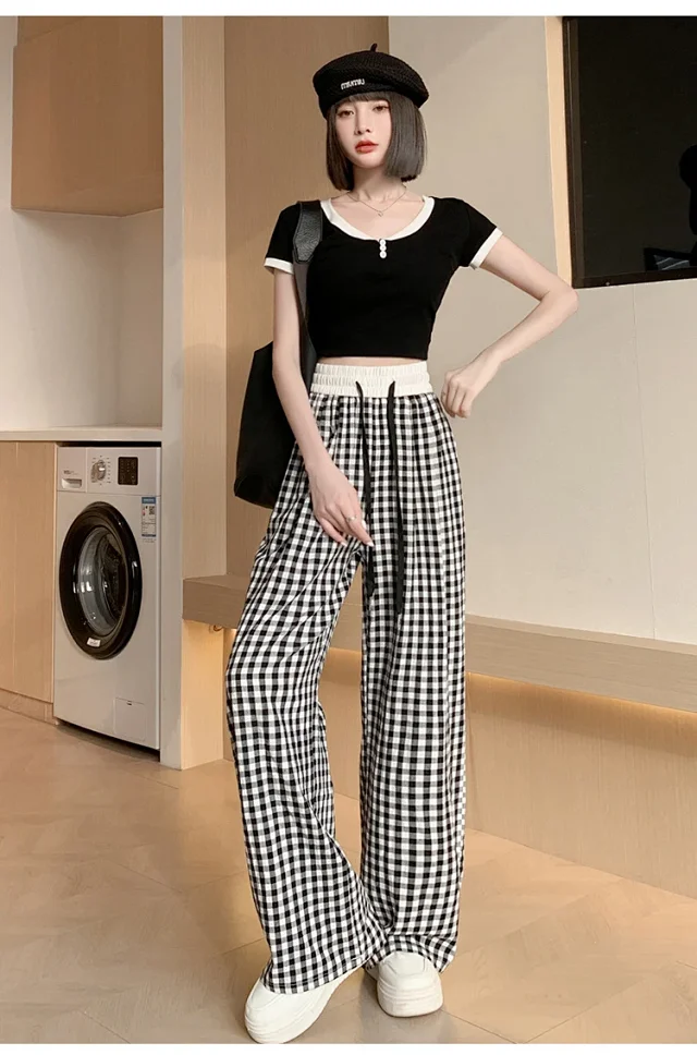 2025 Summer Thin High - waisted Retro Plaid Wide - leg Pants Detail