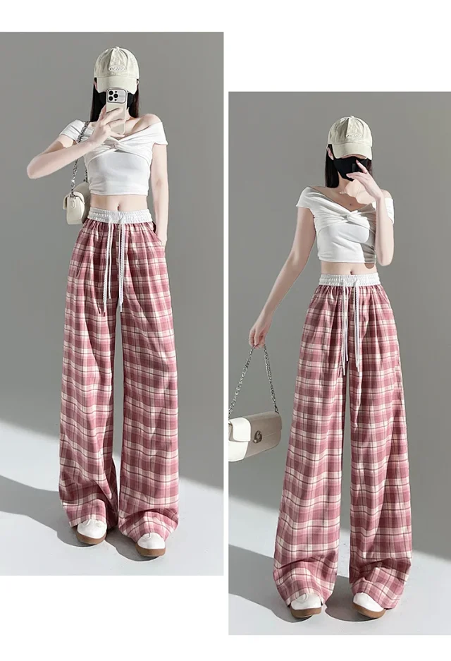 2025 Summer Ice Silk Checkered Pants for Women Detail