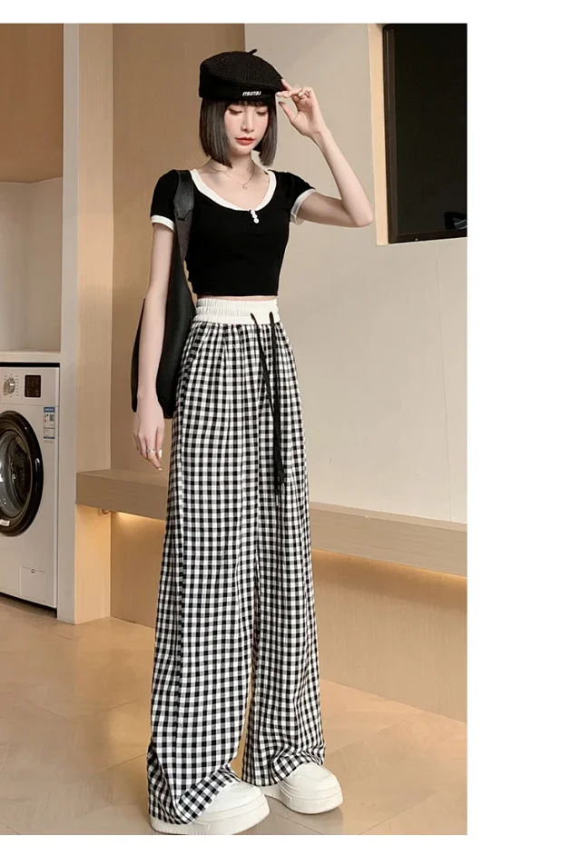 2025 Summer Thin High - waisted Retro Plaid Wide - leg Pants Detail