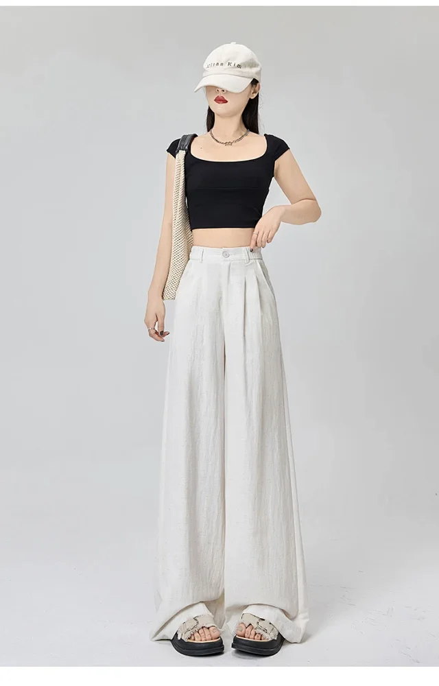 Women's White Linen Wide-Leg Pants Detail
