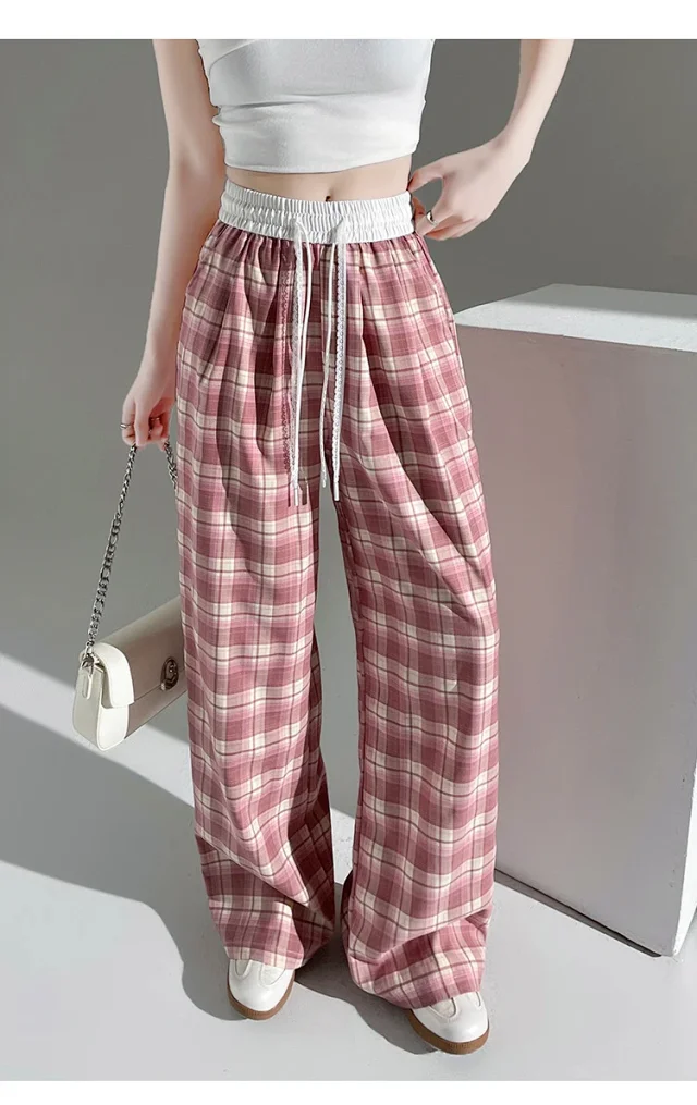 2025 Summer Ice Silk Checkered Pants for Women Detail