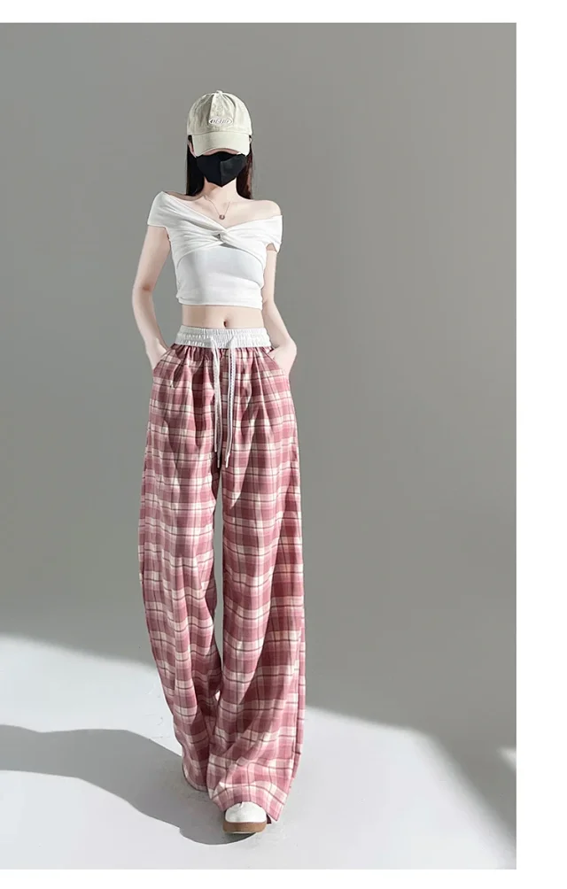 2025 Summer Ice Silk Checkered Pants for Women Detail