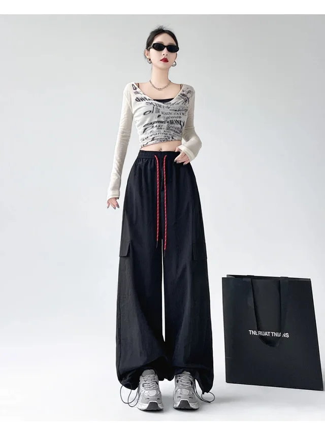 2025 Spring/Summer Women's Sporty Loose Slimming Straight Pants with Drawstring Detail