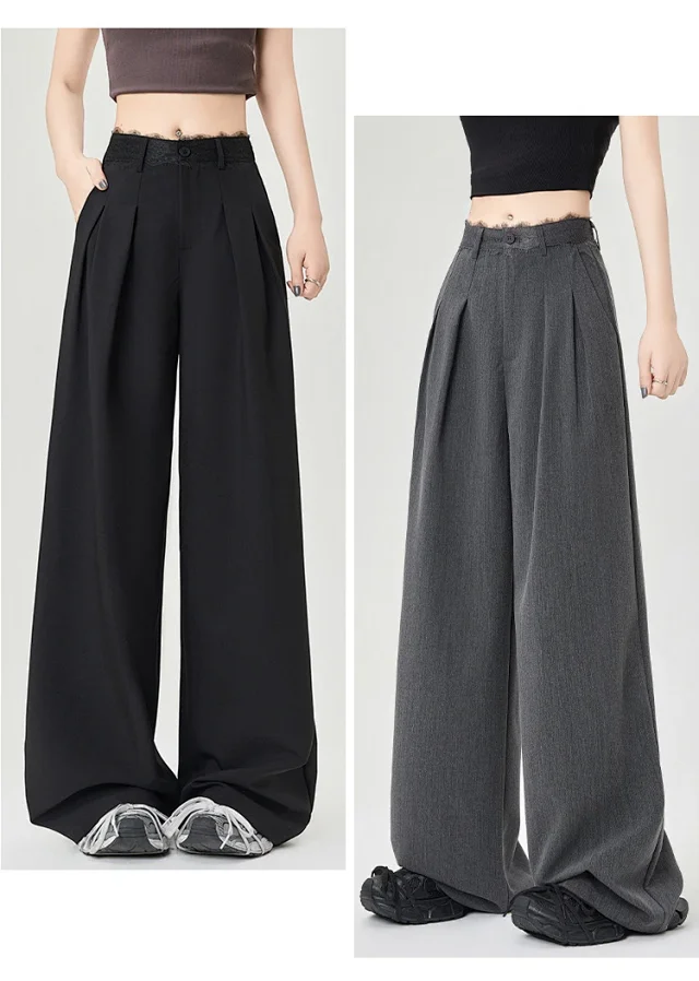 Women's Lace Trim High-Waist Wide-Leg Pants Detail