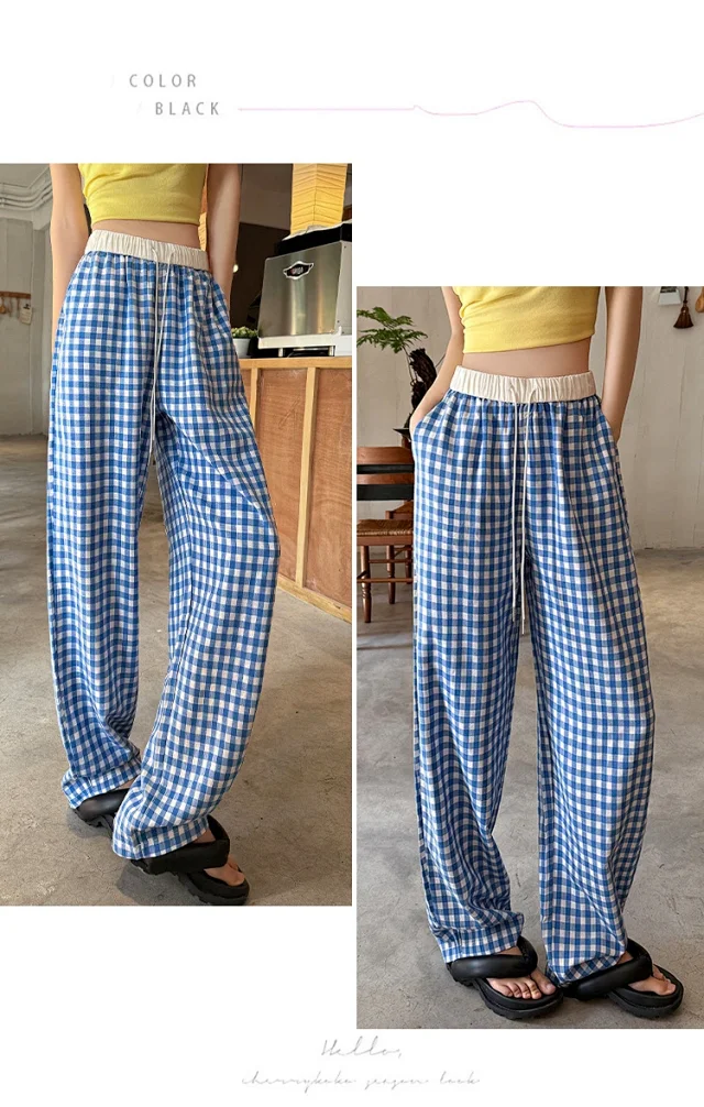 2025 Pink Plaid Wide-Leg Pants for Women Detail
