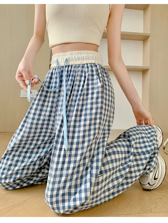 2025 Summer Thin High - waisted Retro Plaid Wide - leg Pants Detail