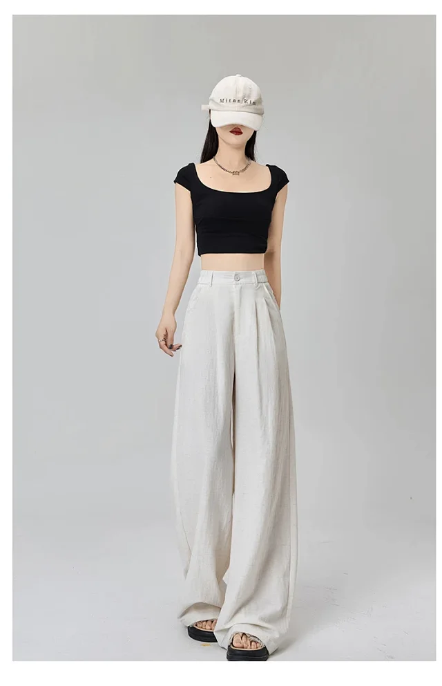 Women's White Linen Wide-Leg Pants Detail