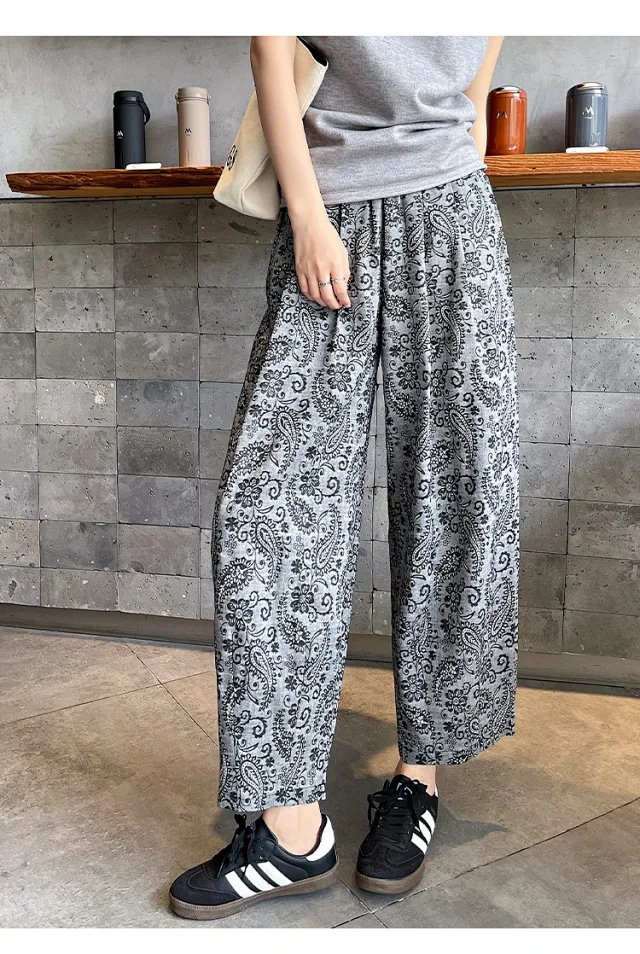 Linen Jacquard Wide-Leg Pants for Women Detail