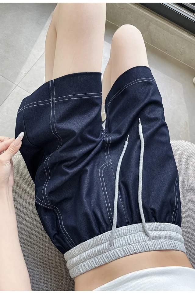 Old Money Style Asymmetric Denim Shorts Detail